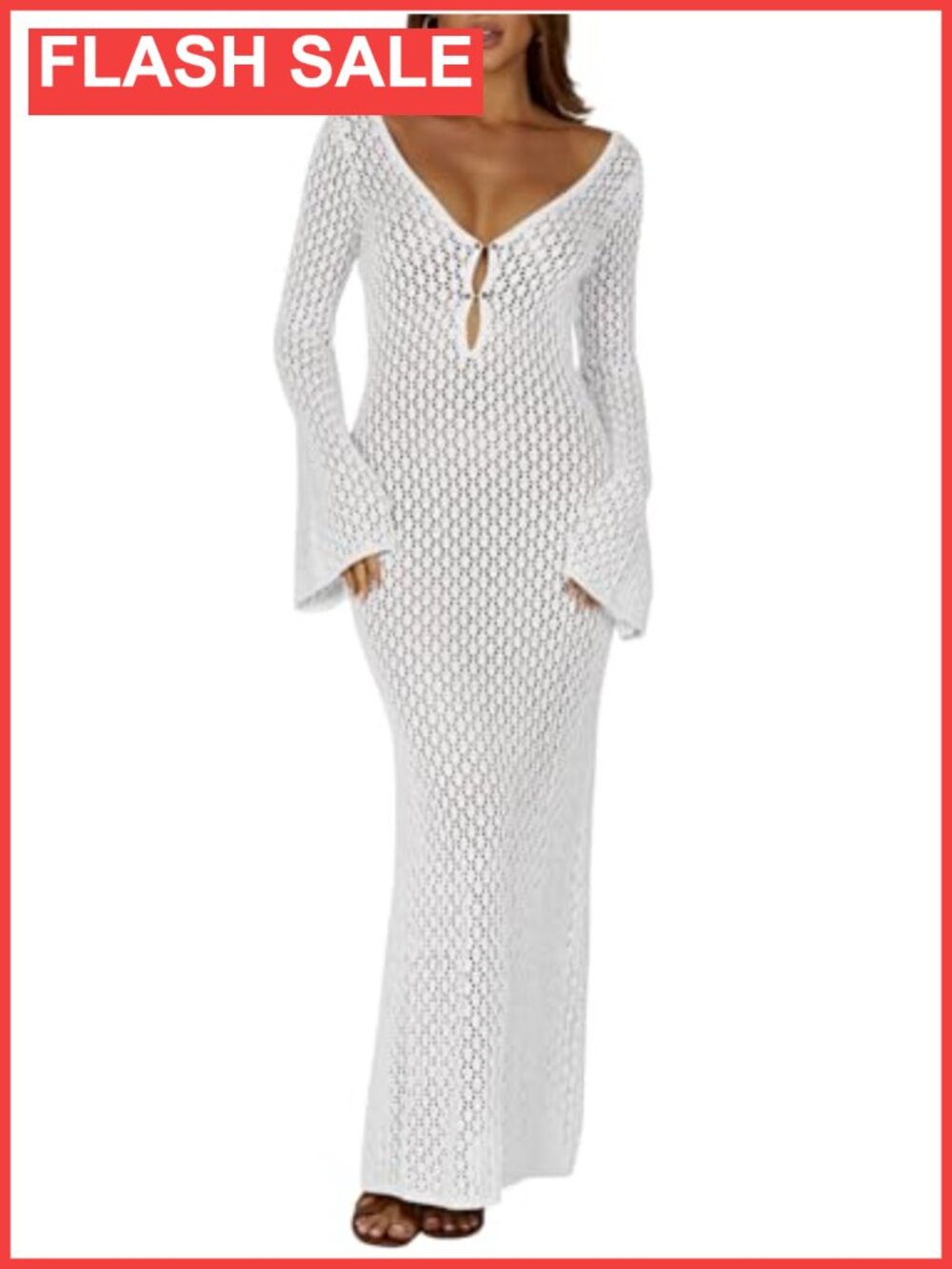 Saodimallsu Crochet Maxi Cover Up Dress V Neck Long Sleeve Bodycon Beach Swim